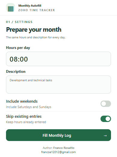Extension settings with 08:00 hours, a reusable description, weekends excluded and existing entries preserved.